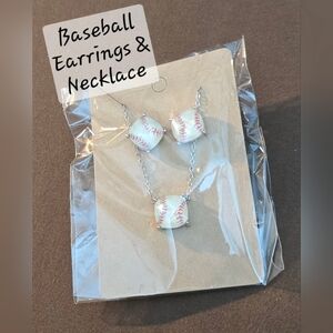 Silver Baseball Earrings & Necklace Set